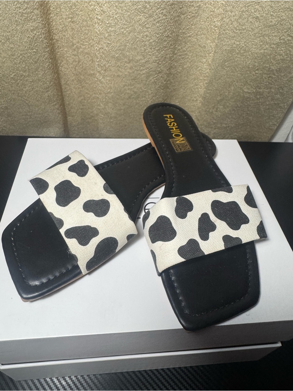Brand Black & White Cow Print Slide Sandals